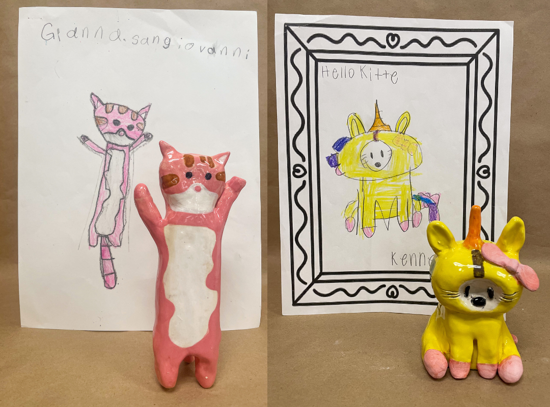 Student sculptures and drawings of stuffies